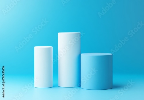 3d render of a simple bar graph with shades of white cylinders on a solid blue background