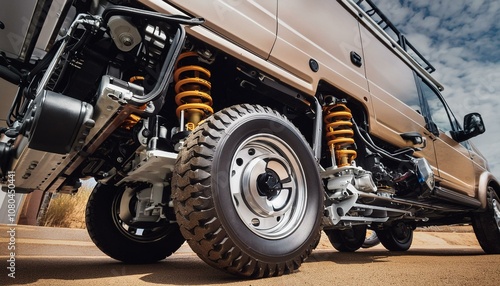 Futuristic offroad camper van on tarmac low view