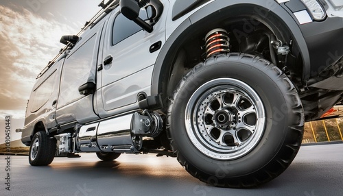 Futuristic offroad camper van on tarmac low view