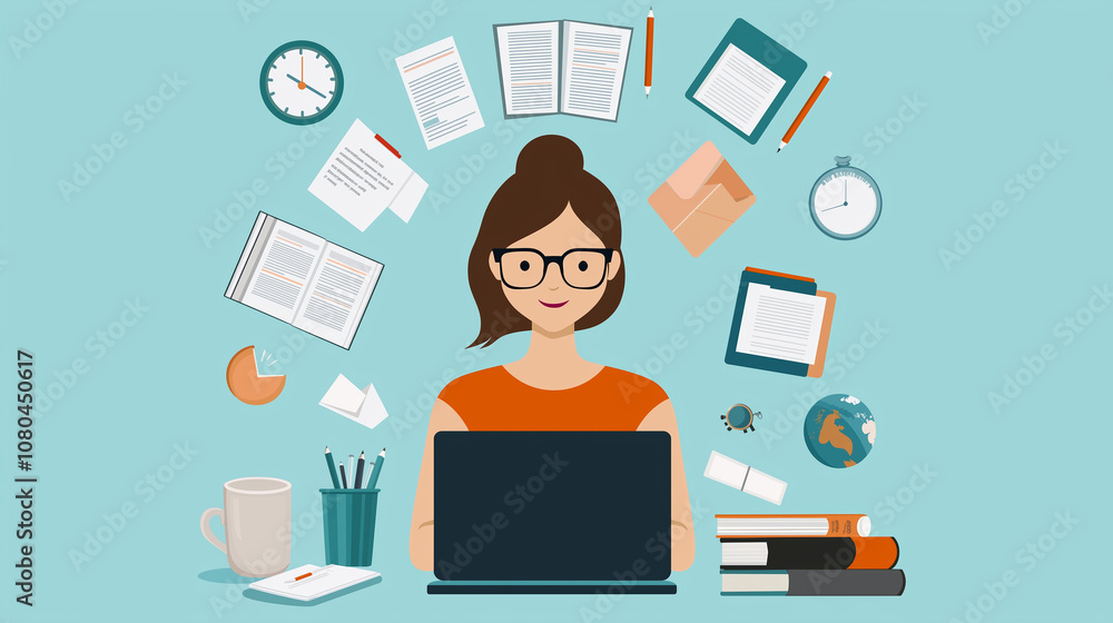 An illustration of a young woman working at her laptop, surrounded by study materials and office items, symbolizing organization and productivity. An illustration of a young woman working at her laptop, surrounded by study materials and office items, symbolizing organization and productivity.