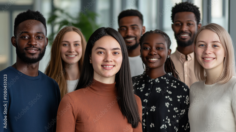 A diverse group of young professionals smiling confidently, representing teamwork, inclusion, and collaboration in a modern office environment. A diverse group of young professionals smiling confidently, representing teamwork, inclusion, and collaboration in a modern office environment.