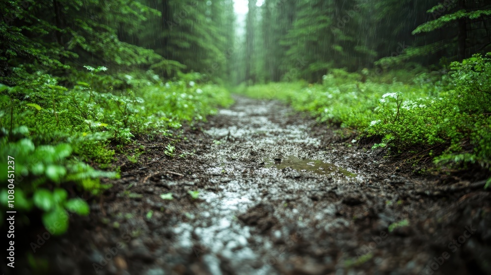 A narrow, muddy path winds through a dense green forest, with vibrant foliage on either side, recently dampened by a gentle rainstorm, invoking tranquility. A narrow, muddy path winds through a dense green forest, with vibrant foliage on either side, recently dampened by a gentle rainstorm, invoking tranquility.