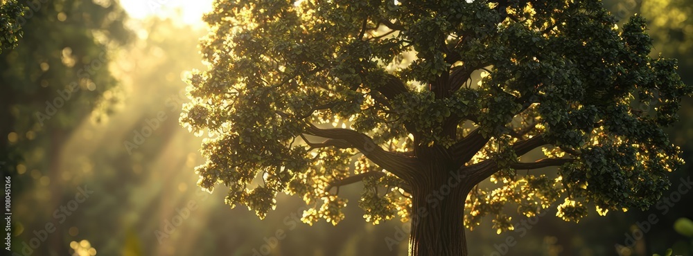 Fototapeta premium A majestic tree illuminated by sunlight in a serene forest environment.