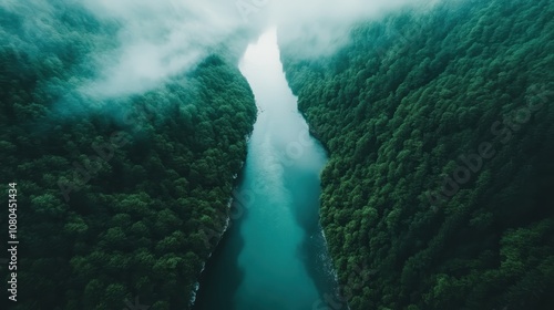 This image captures a breathtaking aerial view of a tranquil river winding through a dense, mist-covered green forest, highlighting the beauty of untouched nature. photo