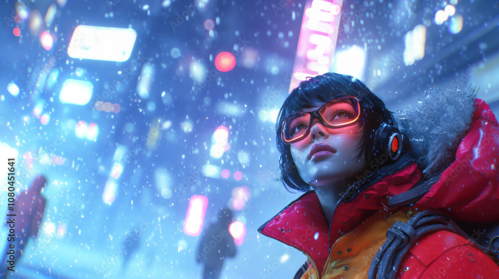 Dynamic portrait of a young woman in pink glasses and an earphone on her head walking through a snowfall on the street of a big modern city, the concept of fashion and urban life Dynamic portrait of a young woman in pink glasses and an earphone on her head walking through a snowfall on the street of a big modern city, the concept of fashion and urban life