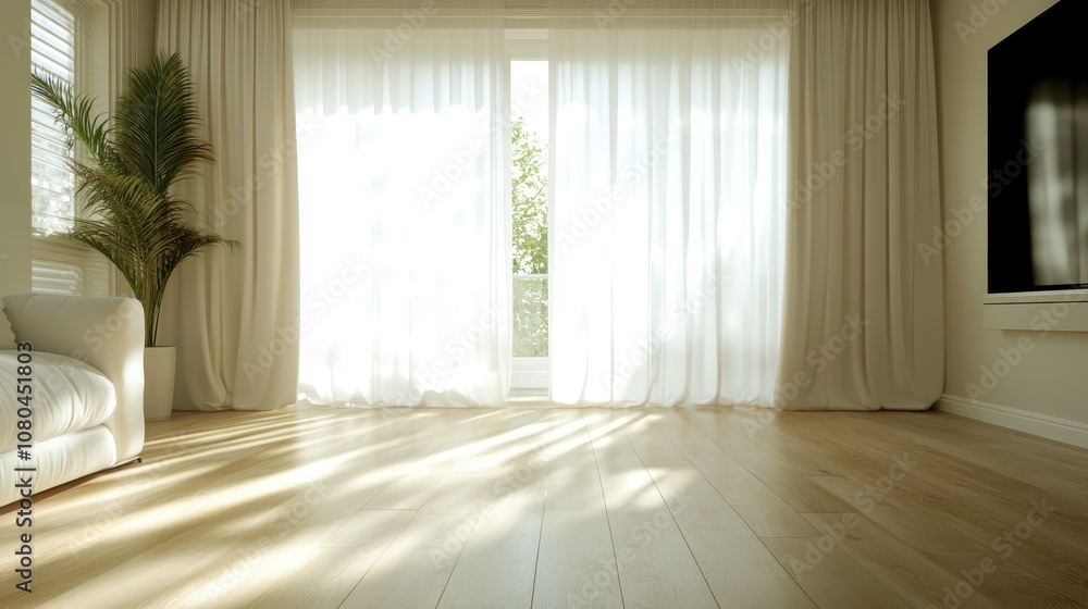 A bright living room is bathed in natural sunlight streaming through large windows, revealing a minimalist design with a potted plant and warm wood flooring.