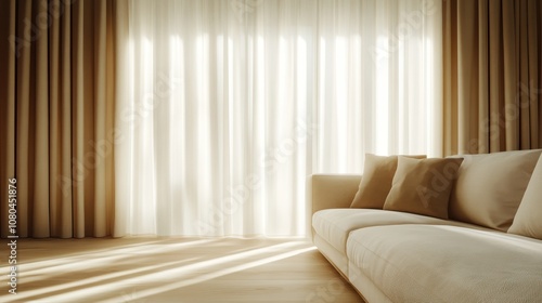 A serene living room bathed in natural light, featuring elegant beige curtains, a cozy sofa, and smooth wooden flooring that exude warmth and simplicity.