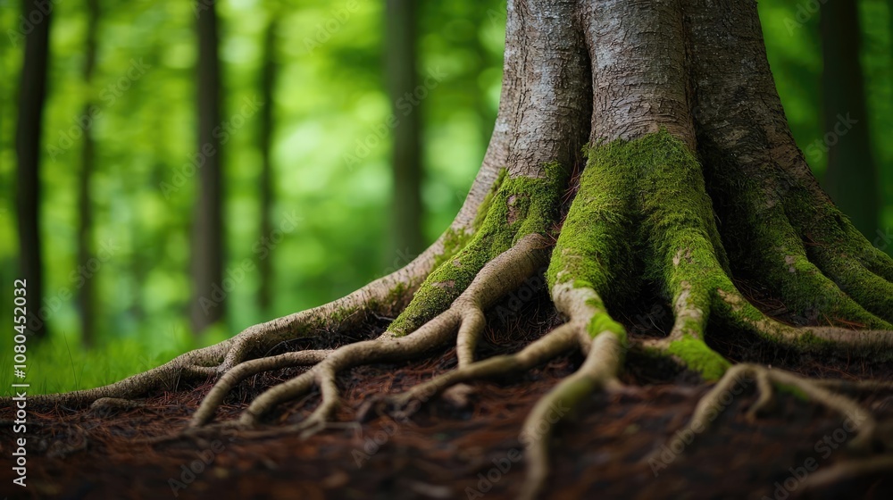 Tree roots in a lush forest setting, covered with vibrant green moss. Tree roots in a lush forest setting, covered with vibrant green moss.