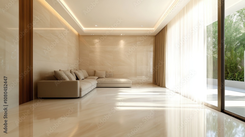A luxurious spacious room with large bright windows, sheer curtains, and a plush sofa. The glossy floor reflects the room's elegance and enhances its opulent atmosphere. A luxurious spacious room with large bright windows, sheer curtains, and a plush sofa. The glossy floor reflects the room's elegance and enhances its opulent atmosphere.