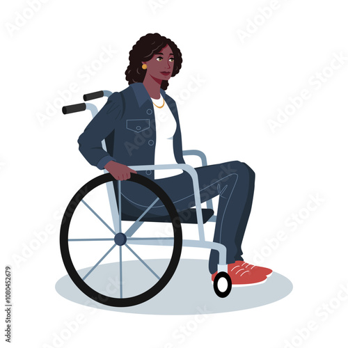 A woman in a wheelchair, stylishly dressed in denim, on a plain background. Vector illustration