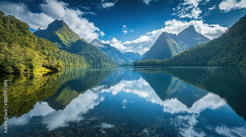 Stunning lake landscape with lush greenery, majestic mountains, and peak natural beauty