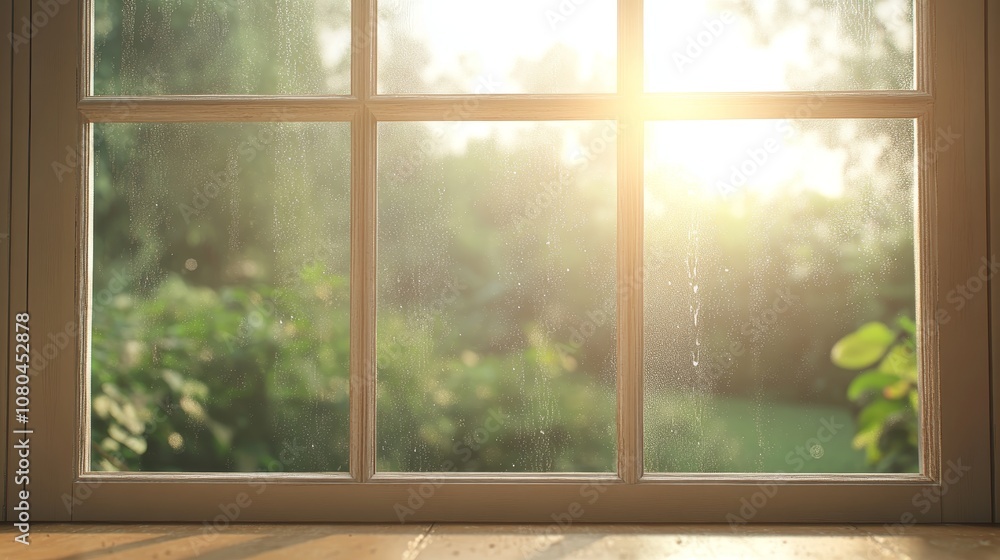 Close-up of a window frame with condensation, warm golden hour sunlight reflecting off the glass, greenery outside, Photorealistic Close-up of a window frame with condensation, warm golden hour sunlight reflecting off the glass, greenery outside, Photorealistic