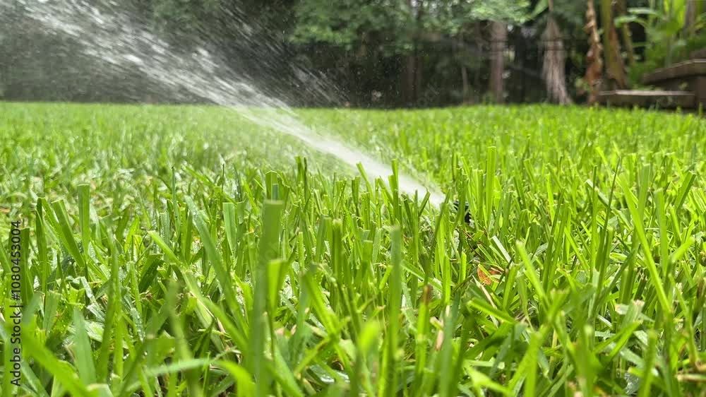 Irrigation water sprinkler water green grass in yard during day