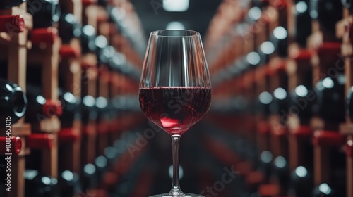 A still glass of red wine stands poised amidst rows of wine bottles in a cellar, representing the timeless elegance and allure of an extensive wine collection. photo