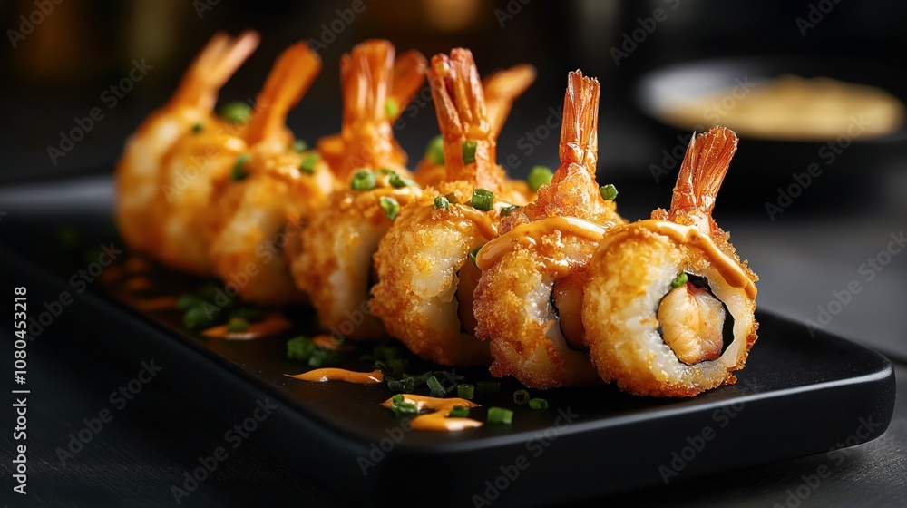 Close-up of fried shrimp sushi rolls topped with creamy sauce and chopped chives, presented on a dark rectangular plate. Close-up of fried shrimp sushi rolls topped with creamy sauce and chopped chives, presented on a dark rectangular plate.