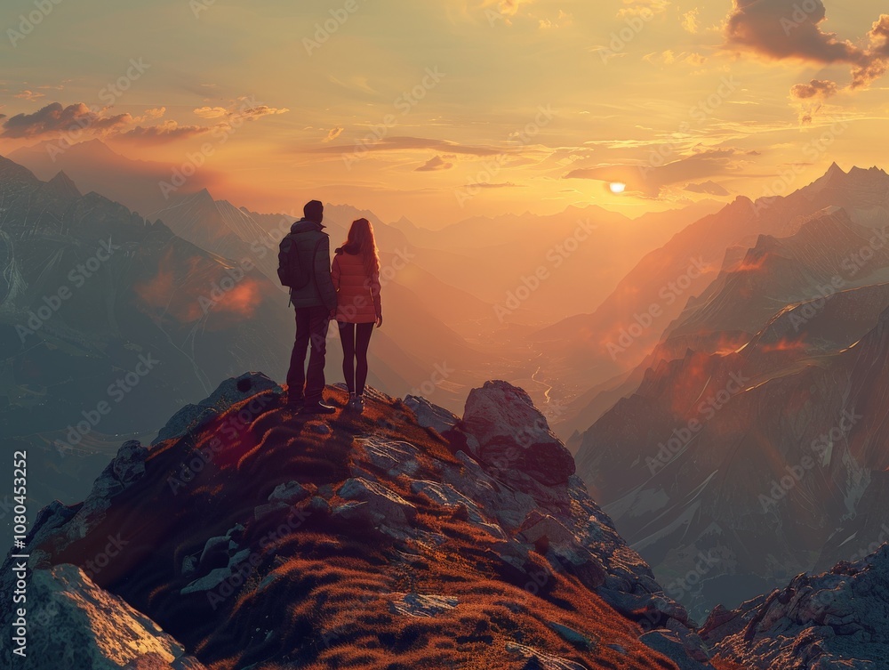 Fototapeta premium A couple standing on a mountain at sunset