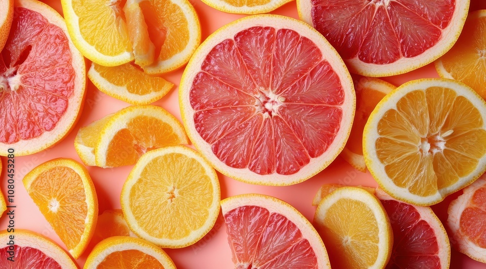 A colorful arrangement of sliced citrus fruits, including lemons and grapefruits, set against a vibrant pink background. A colorful arrangement of sliced citrus fruits, including lemons and grapefruits, set against a vibrant pink background.