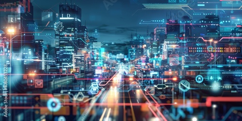 Fototapeta Naklejka Na Ścianę i Meble -  Virtual depiction of Internet connections in high-tech city