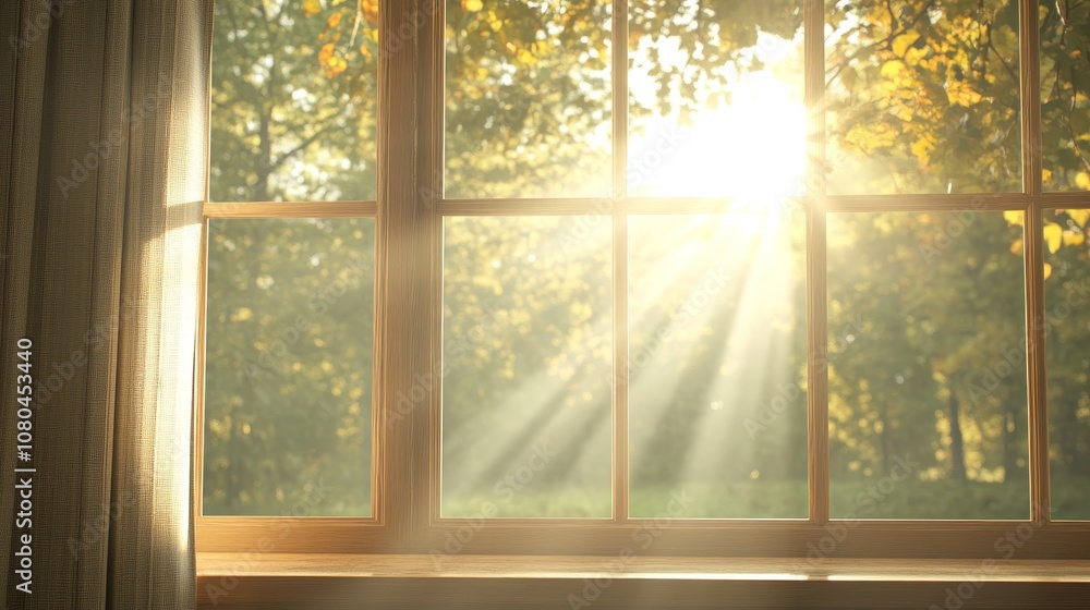 Naklejka premium A window with reflections of trees and sunlight dancing on the glass, subtle light patterns creating a lively interior atmosphere, Photorealistic