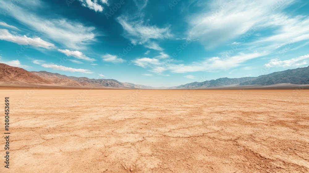 Fototapeta premium An expansive view of a dry desert plain under a dramatic sky filled with swirling clouds, conveying vastness and natural grandeur while showcasing nature's raw beauty.