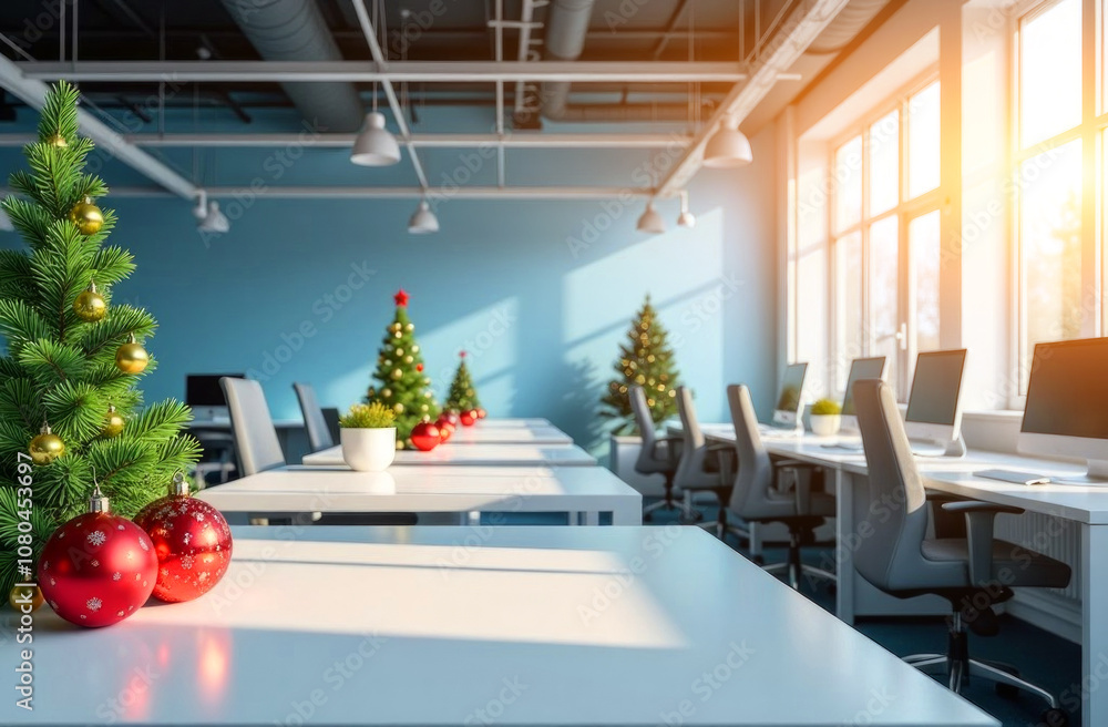 Empty bright office Tables, laptops and chairs decorated with decorations for Christmas and New Year, Christmas trees and garlands balls Empty bright office Tables, laptops and chairs decorated with decorations for Christmas and New Year, Christmas trees and garlands balls