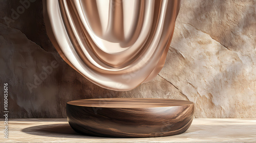 Fototapeta Naklejka Na Ścianę i Meble -  3d display podium, brown background with wood frame pedestal and flying silk cloth curtain. nature wind. presentation stand. luxury feminine mockup 3d render advertisement. Opulent. Illustration