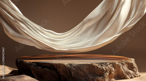 Fototapeta Naklejka Na Ścianę i Meble -  3d display podium, brown background with wood frame pedestal and flying silk cloth curtain. nature wind. presentation stand. luxury feminine mockup 3d render advertisement. Opulent. Illustration