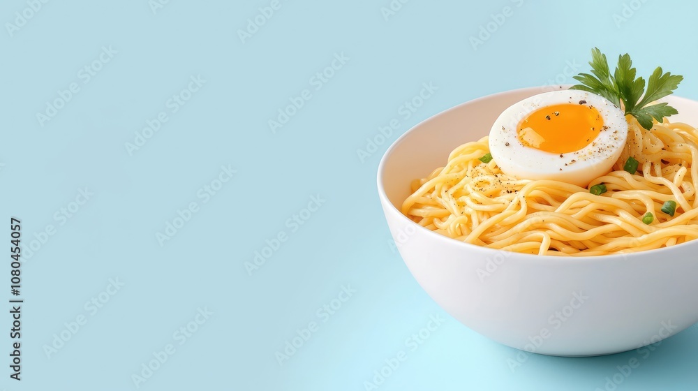 Delicious bowl of freshly cooked noodles topped with a perfectly cooked egg and garnished with parsley on a light blue background, ideal for culinary and food lifestyle themes. Delicious bowl of freshly cooked noodles topped with a perfectly cooked egg and garnished with parsley on a light blue background, ideal for culinary and food lifestyle themes.