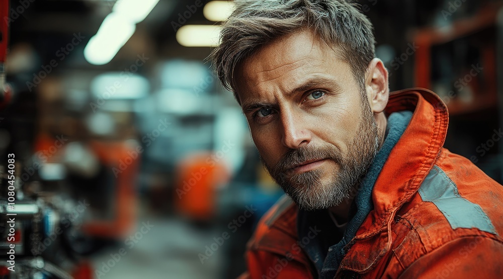 A serious-looking man in a red jumpsuit stares intently at the camera. A serious-looking man in a red jumpsuit stares intently at the camera.