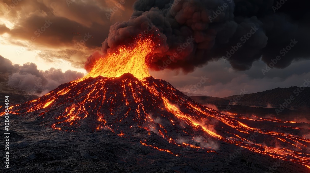 Erupting volcano with lava and smoke against a dramatic sky. Erupting volcano with lava and smoke against a dramatic sky.