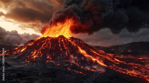 Erupting volcano with lava and smoke against a dramatic sky.