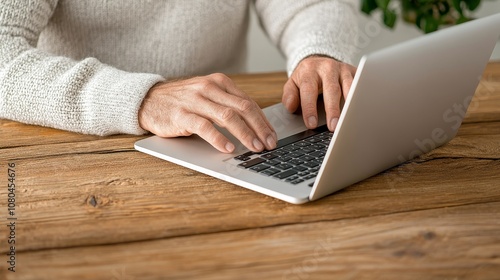 Close-up of a person working with a laptop, focused on typing, warm ambient light surrounding them, soft shadows cast across the desk, Photorealistic