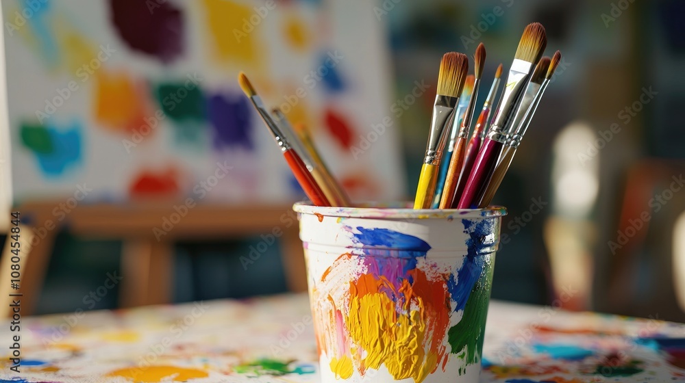 Colorful Paintbrushes in a Container with Abstract Painting Background in a Bright and Artistic Studio Environment Colorful Paintbrushes in a Container with Abstract Painting Background in a Bright and Artistic Studio Environment
