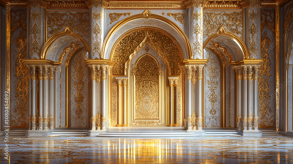 Obraz premium 3d rendering of a opulent moorish style palace interior with golden walls and intricate patterns. moorish palace. illustration. Opulent. Illustration