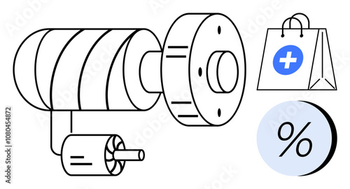 Mechanical gear system connected to a motor, alongside a shopping bag featuring a plus sign and a percentage icon. Ideal for technology, engineering, shopping, healthcare, economics, discounts