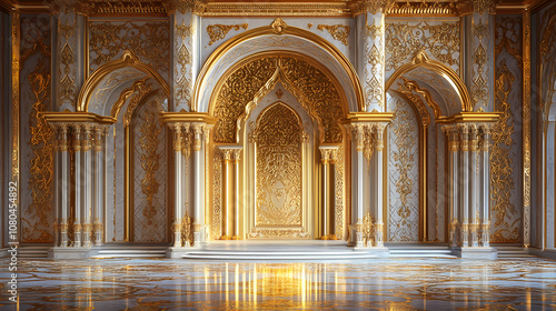 Fototapeta Naklejka Na Ścianę i Meble -  3d rendering of a opulent moorish style palace interior with golden walls and intricate patterns. moorish palace. illustration. Opulent. Illustration