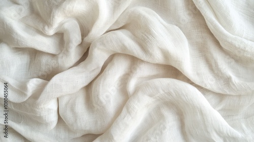 Soft, crumpled white linen fabric with subtle textures, creating a serene and elegant feel.