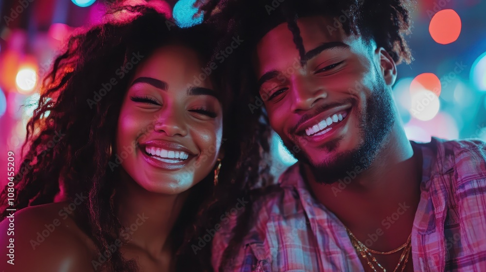 A vibrant scene showcasing a smiling couple against a backdrop of neon lights during an event, portraying excitement and dynamic youthful energy under colorful illumination. A vibrant scene showcasing a smiling couple against a backdrop of neon lights during an event, portraying excitement and dynamic youthful energy under colorful illumination.