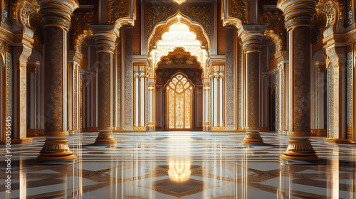 Fototapeta Naklejka Na Ścianę i Meble -  3d rendering of a opulent moorish style palace interior with golden walls and intricate patterns. moorish palace. illustration. Opulent. Illustration