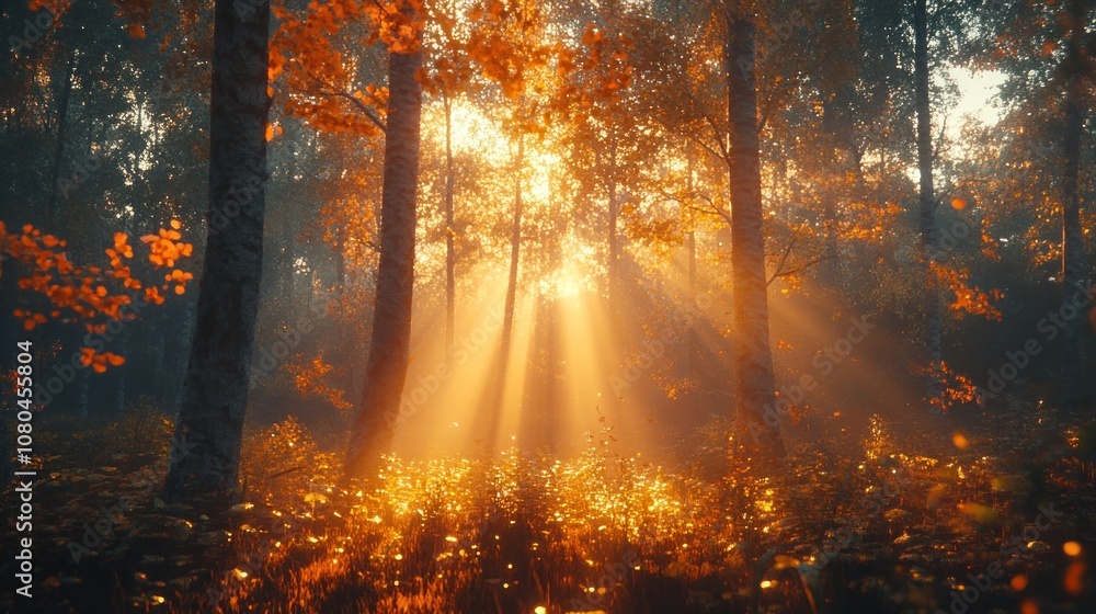 Golden rays of sunlight pierce through the trees in a misty autumn forest, illuminating the vibrant foliage. Golden rays of sunlight pierce through the trees in a misty autumn forest, illuminating the vibrant foliage.