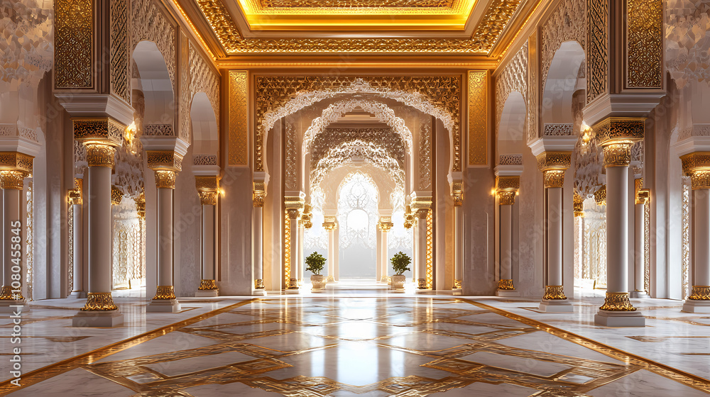Obraz premium 3d rendering of a opulent moorish style palace interior with golden walls and intricate patterns. moorish palace. illustration. Opulent. Illustration