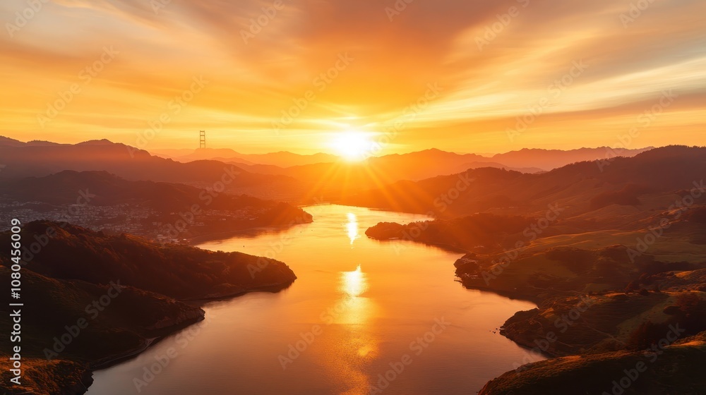A vibrant sunset blankets the landscape as a river winds through a lush green valley with surrounding hills, creating a warm and inviting spectacle of natural beauty. A vibrant sunset blankets the landscape as a river winds through a lush green valley with surrounding hills, creating a warm and inviting spectacle of natural beauty.