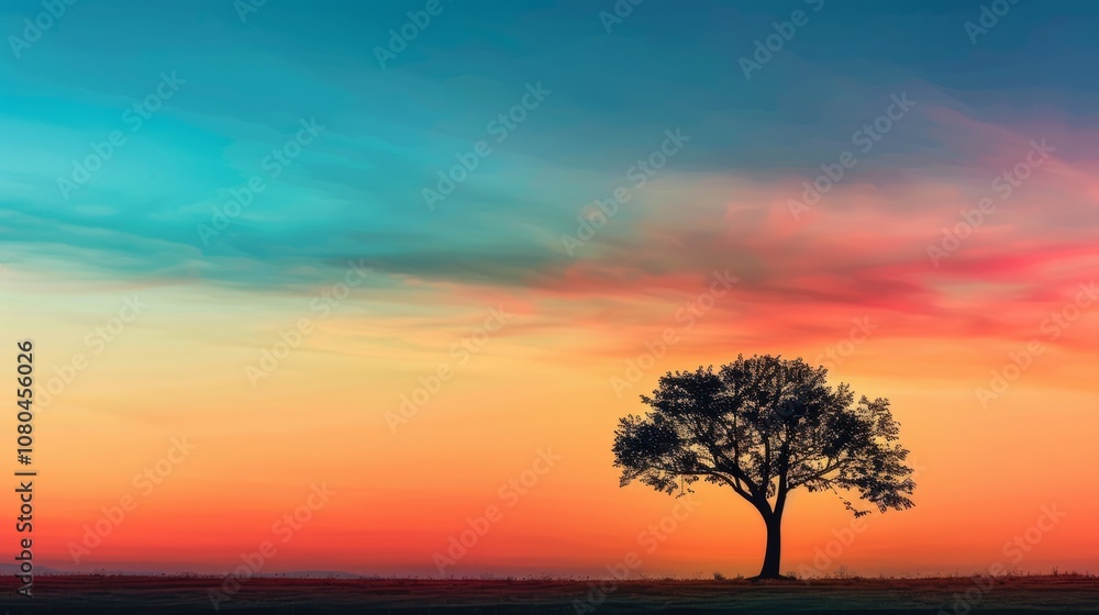 Poetic silhouette of a lone tree against a colorful sky during a road trip journey Poetic silhouette of a lone tree against a colorful sky during a road trip journey