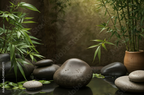 Zen-inspired scene with bamboo and river stones, creating a calming and natural ambiance for spa or relaxation themes. Generative AI photo