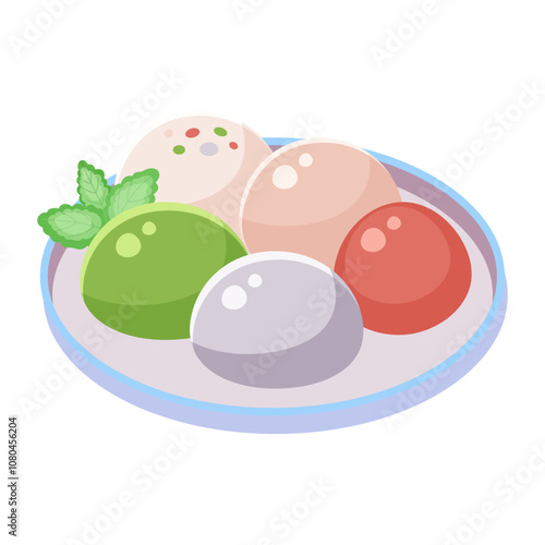 A plate with colorful dessert balls, served with mint leaves. Vector illustration