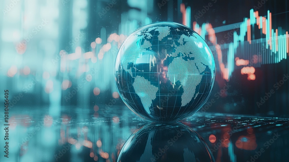 A globe set against a digital business-themed backdrop with vibrant blue patterns, alluding to interconnectivity and innovation in a global economy. A globe set against a digital business-themed backdrop with vibrant blue patterns, alluding to interconnectivity and innovation in a global economy.