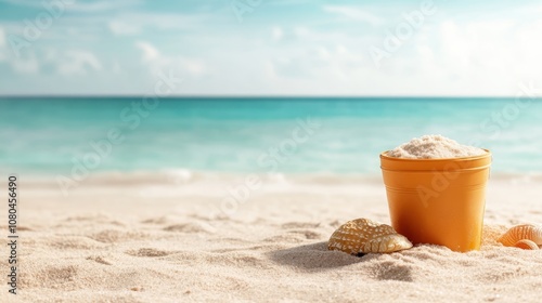 A peaceful image of a bright orange bucket filled with sand sitting on a sunlit beach, accompanied by sea shells under a clear blue sky and gentle ocean waves.