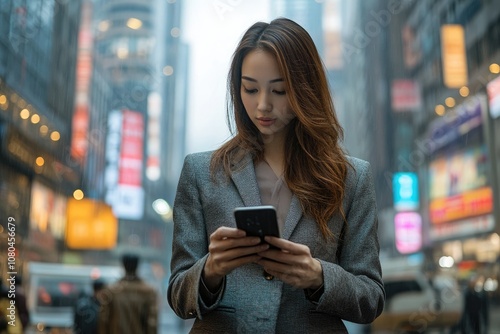 Businesswoman using smartphone in busy city street