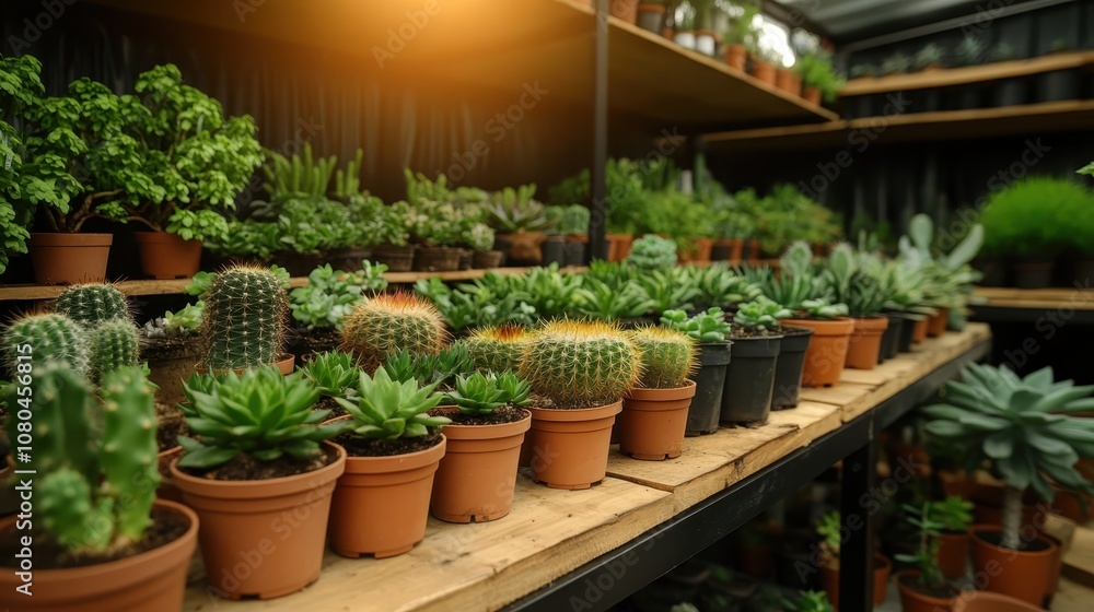 A greenhouse houses a diverse collection of succulent and cacti varieties in pots, creating a vibrant ecosystem that signifies renewal, life, and environmental harmony. A greenhouse houses a diverse collection of succulent and cacti varieties in pots, creating a vibrant ecosystem that signifies renewal, life, and environmental harmony.