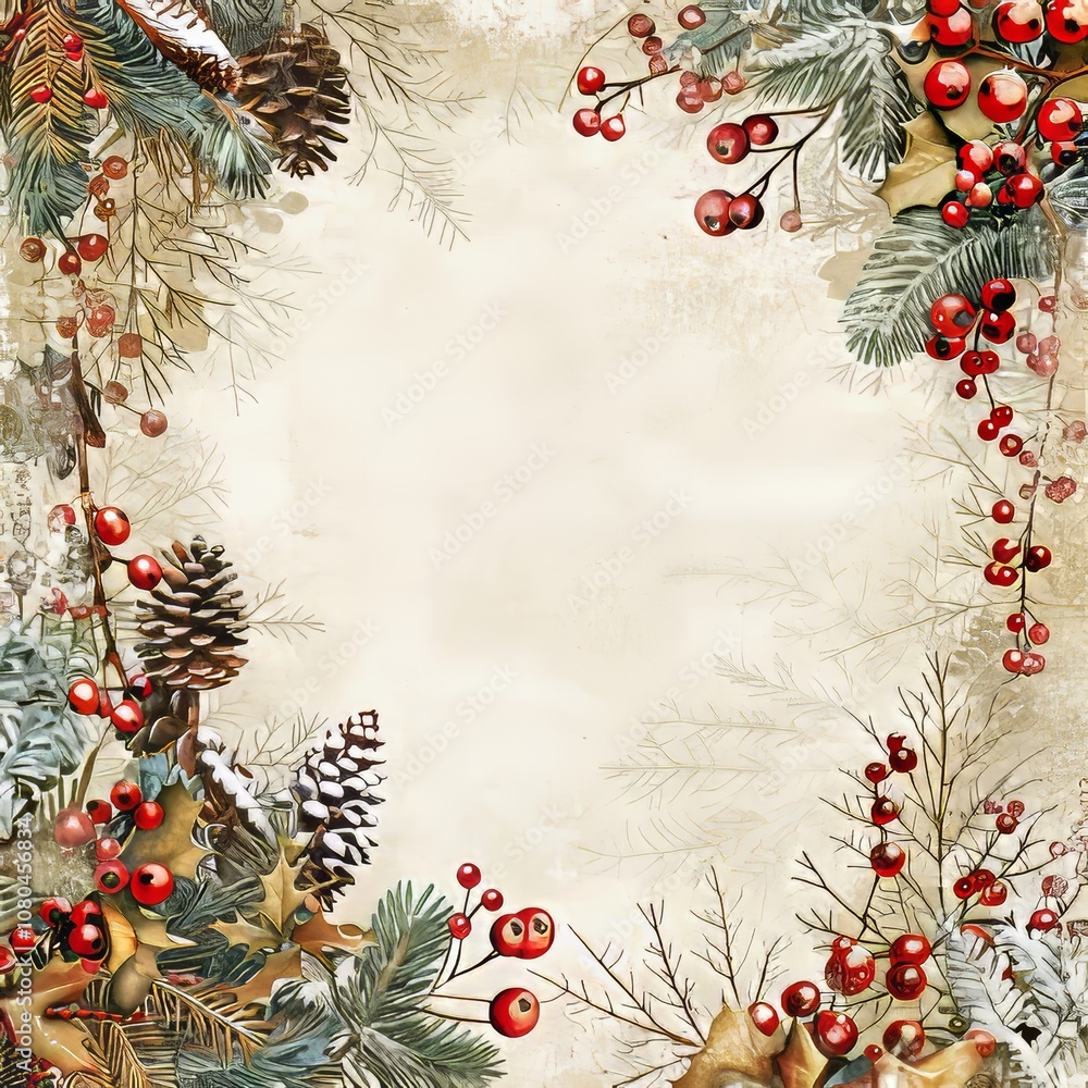 A white background with a beautiful arrangement of red berries and pine cones A white background with a beautiful arrangement of red berries and pine cones